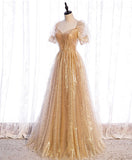 Gold tulle v neck long prom dress gold tulle formal dress HZ1024
