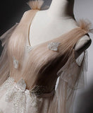 Champagne v neck tulle lace long prom dress champagne evening dress HZ1024