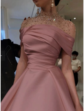 Elegant A-Line Evening Gown Elegant Dress Formal Floor Length Short Sleeve Illusion Neck Satin with Ruched Beading Prom Dress HZ1024