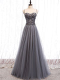 Gray sweetheart neck tulle sequin beads long prom dress HZ1024