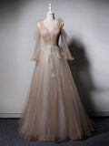 Champagne v neck tulle lace long prom dress champagne evening dress HZ1024