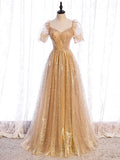 Gold tulle v neck long prom dress gold tulle formal dress HZ1024