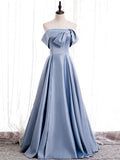 Blue satin of shoulder long prom dress blue evening dress HZ1024