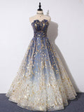 Blue tulle lace long prom dress blue tulle formal dress HZ1024