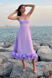 Vintage A line Spaghetti Straps Lilac Satin Evening Dress Ruffles Prom Dresses HZ1024