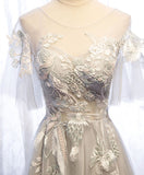 Gray round neck tulle lace long prom dress gray tulle formal dress HZ1024