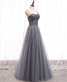 Gray sweetheart neck tulle sequin beads long prom dress HZ1024