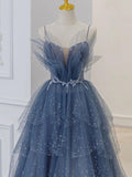 Gray blue tulle sequin beads long prom dress, blue evening dress HZ1024