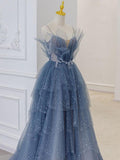 Gray blue tulle sequin beads long prom dress, blue evening dress HZ1024