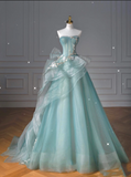 Pretty Ball Gown Sweetheart Tulle Green Long Evening Dress Prom Dresses With Ruffles HZ1024