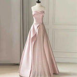 A-Line Satin Tulle Pink Long Prom Dress With Pearls HZ1024