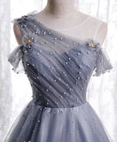 Gray one shoulder tulle long prom dress gray tulle evening dress HZ1024