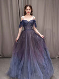 Dark starry sky purple tulle long prom dress purple evening dress HZ1024