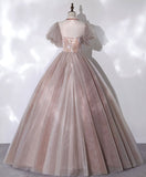 Pink tulle lace long prom dress pink lace prom gown HZ1024