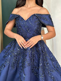 Vintage A line Off The Shoulder Navy Blue Satin Lace Long Evening Dress Prom Dresses HZ1024