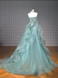Pretty Ball Gown Sweetheart Tulle Green Long Evening Dress Prom Dresses With Ruffles HZ1024