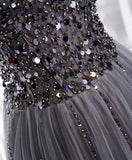 Gray sweetheart neck tulle sequin beads long prom dress HZ1024