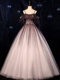 Coffee one shoulder tulle long prom gown, coffee tulle formal dress HZ1024