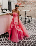 Pretty Light Pink A Line Strapless Organza Prom Dress Long Prom Dresses HZ1024
