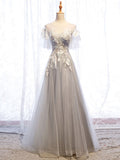 Gray round neck tulle lace long prom dress gray tulle formal dress HZ1024