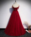 burgundy tulle round neck long prom dress burgundy evening dress HZ1024