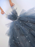 Vintage A line Straps Tulle Dusty Blue Long Prom Dress HZ1024