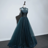 Sparkly A line High Neckline Floor Length Tulle Green Prom Dresses HZ1024