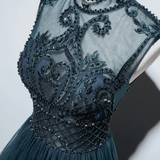 Sparkly A line High Neckline Floor Length Tulle Green Prom Dresses HZ1024