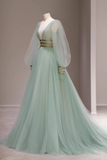 A line V Neckline Floor Length Tulle Mint Green Long Prom Dresses HZ1024