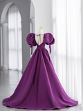 Ball Gown Short Sleeves Grape Satin Long Prom Dresses HZ1024