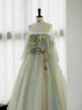 Ball Gown Short Sleeves Tulle Green Long Prom Dresses HZ1024