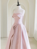 A-Line Satin Tulle Pink Long Prom Dress With Pearls HZ1024