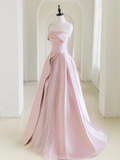 A-Line Satin Tulle Pink Long Prom Dress With Pearls HZ1024