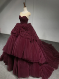 Stunning Ball Gown Sweetheart Tulle Burgundy Sweet 16 Dresses HZ1024