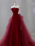 Simple Mermaid Tulle Velvet Burgundy Long Prom Dress HZ1024