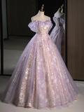 Ball Gown Sweetheart Neck Tulle Lace Purple Long Sweet 16 Dresses HZ1024