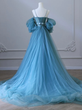 Simple A-Line Sweetheart Neck Tulle Blue Long Prom Dress HZ1024