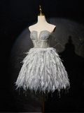 Gray Sweetheart Neck Tulle Beads Feather Homecoming Dresses HZ1024