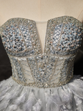 Gray Sweetheart Neck Tulle Beads Feather Homecoming Dresses HZ1024