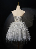 Gray Sweetheart Neck Tulle Beads Feather Homecoming Dresses HZ1024