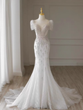 Luxury Mermaid Short Sleeves White Long Wedding Dresses HZ1024