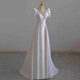 Vintage A line Short Sleeves White Long Wedding Dresses HZ1024