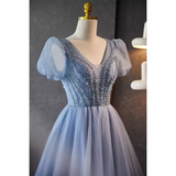 A line V Neckline Short Sleeves Long Blue Prom Dress HZ1024