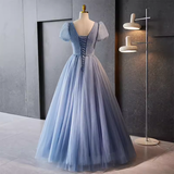 A line V Neckline Short Sleeves Long Blue Prom Dress HZ1024