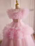 Vintage Ball Gown Short Sleeves Pink Tulle Sweet 16 Dresses HZ1024