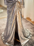 Modest Mermaid Off The Shoulder Sequin Long Silver Prom Dress HZ1024