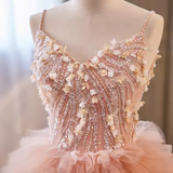 Vintage Ball Gown Straps Pink Tulle Beads Ruffles Sweet 16 Dresses HZ1024