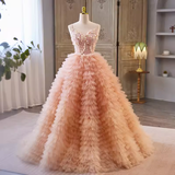 Vintage Ball Gown Straps Pink Tulle Beads Ruffles Sweet 16 Dresses HZ1024