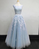 Elegant A line Cap Sleeves Lace Blue Long Prom Dress HZ1024