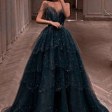 Elegant Ball Gown Straps Long Tulle Blue Prom Dress HZ1024
